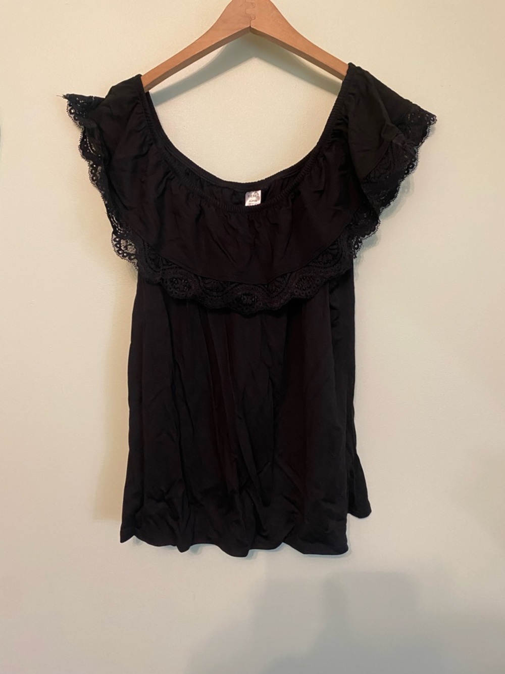 Unique Vintage Black Lace-Trim Off-Shoulder Blouse